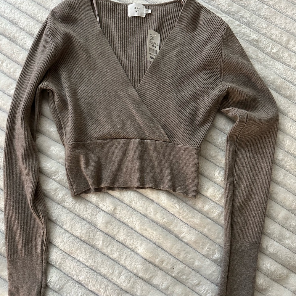 Ribbed Wrap Sweater in Taupe